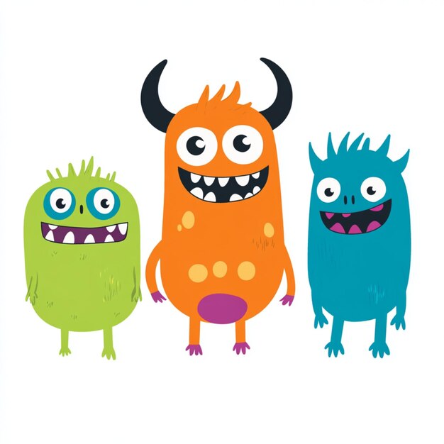 Children drawing of colorful monsters with simple and playful designs