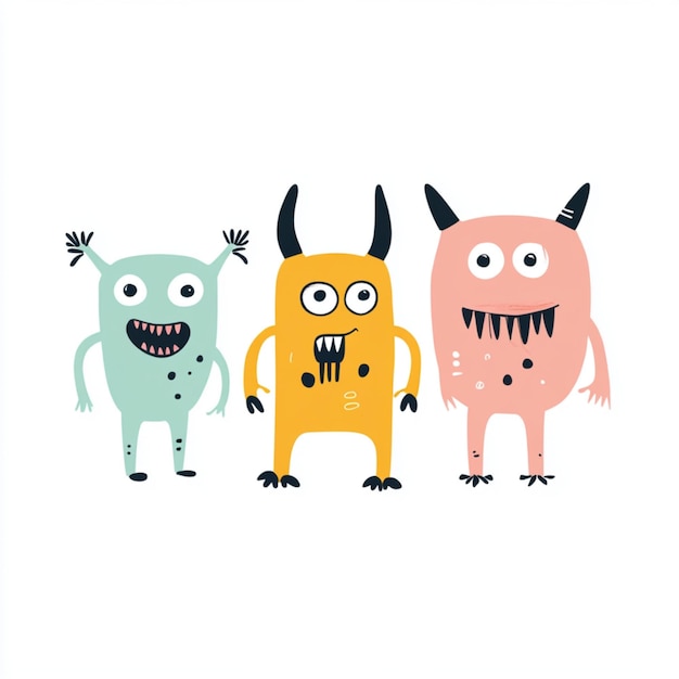 Children drawing of colorful monsters with simple and playful designs