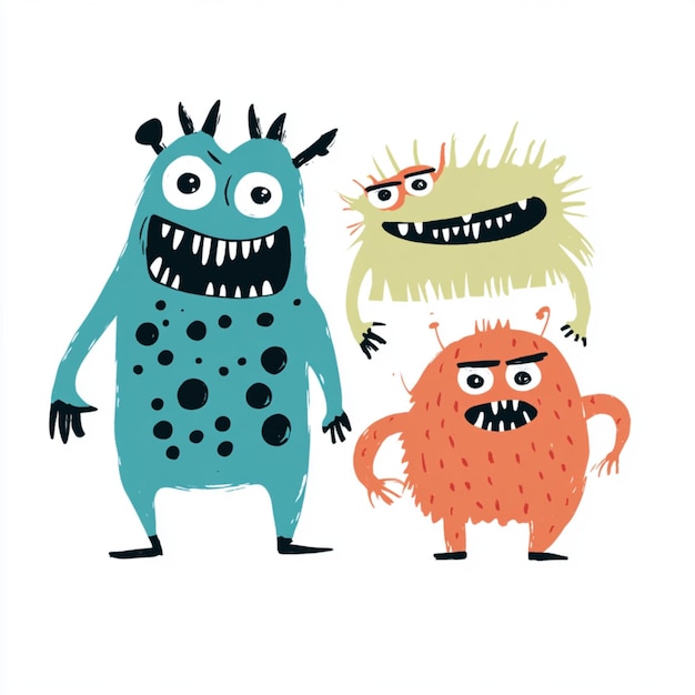 Photo children drawing of colorful monsters with simple and playful designs