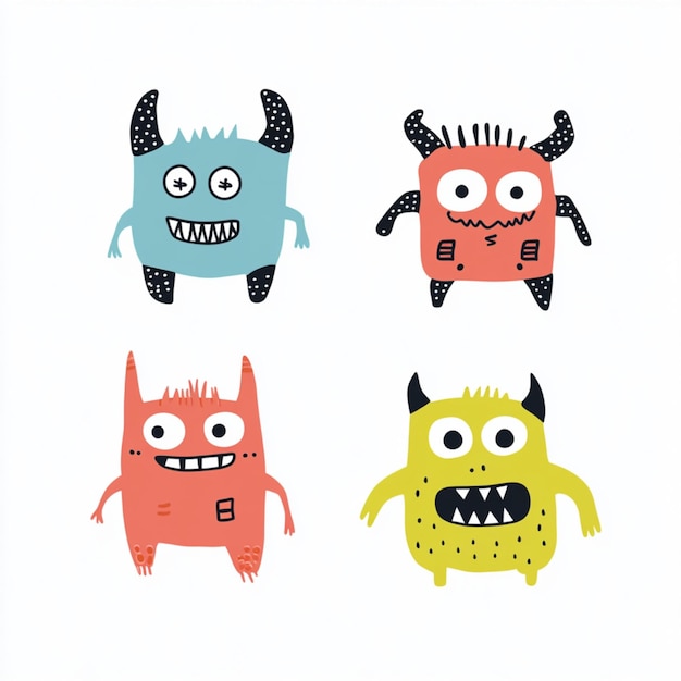 Photo children drawing of colorful monsters with simple and playful designs