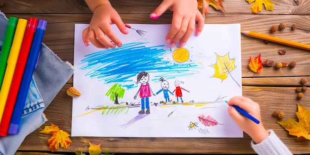 Children drawing a picture of their family on paper