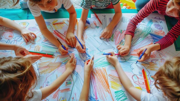 Photo children drawing together