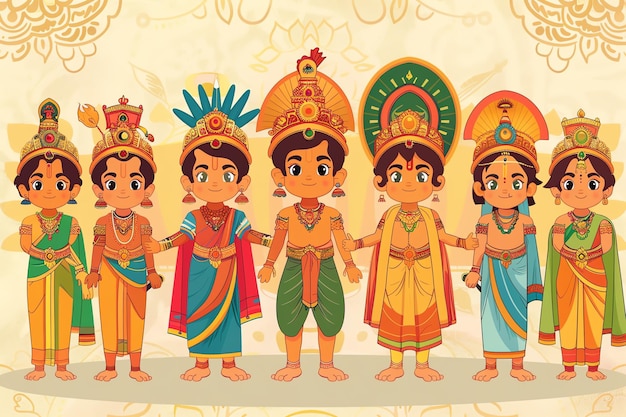 Children dressed as characters from Hindu mythology background