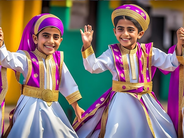 Children dressed in their finest traditional clothes for Eid alAdha generative ai