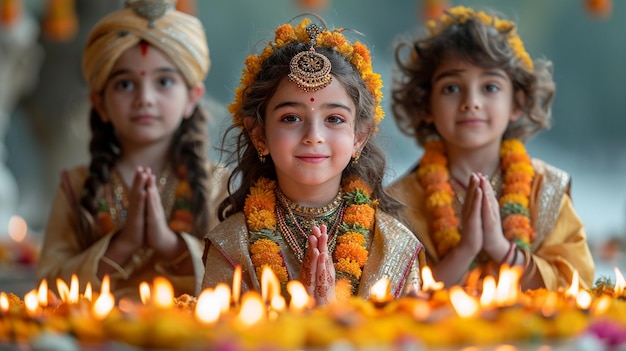 Children dressed in traditional attire performing Holika Dahan rituals