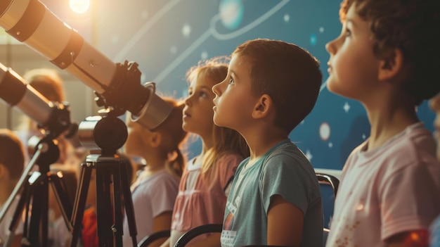 Photo children eagerly observing the sky through telescopes in a planetarium their faces illuminated with curiosity and wonder