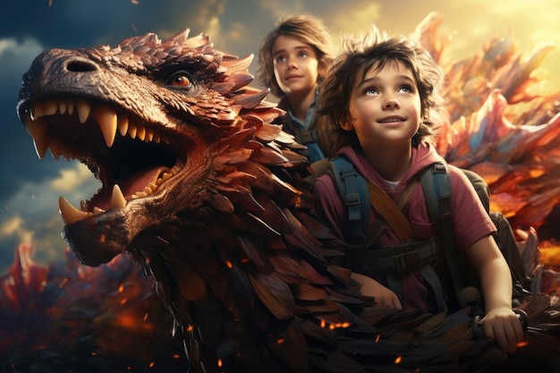 Children embark on a thrilling adventure riding on the backs of vibrant flying dragons soaring through a sky ablaze with color Generative AI