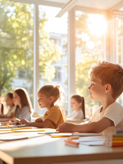 Photo children engaged in classroom activities enjoying morning sunlight through windows