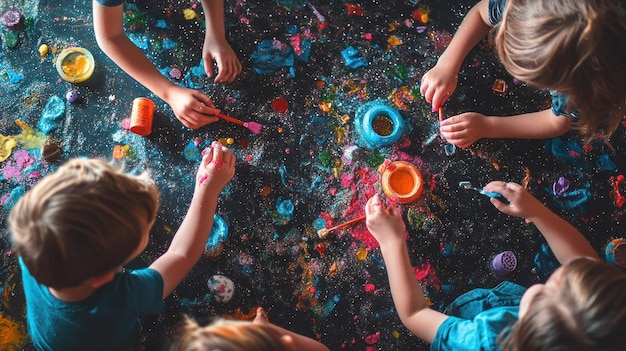 Children engaged in colorful painting activity on a messy table