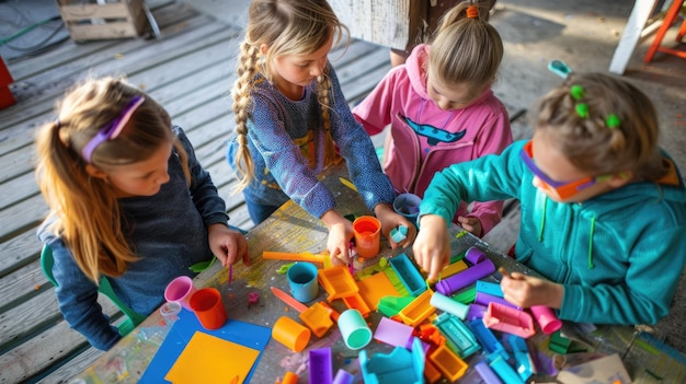 Photo children enjoy arts and crafts in an outdoor nature workshop promoting creativity and teamwork aigm