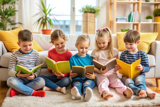 Photo children enjoy reading books at home scene