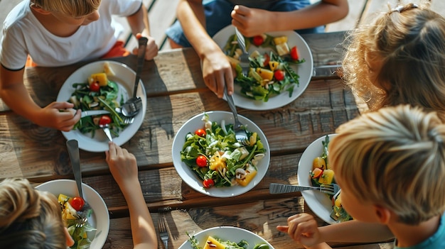 Photo children enjoying a healthy meal of fresh salad