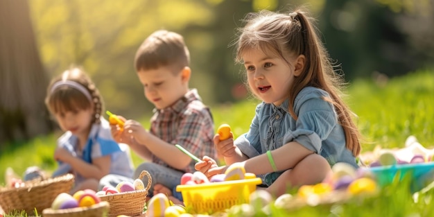 Children enjoying a picnic on the grass sharing food and smiles aige