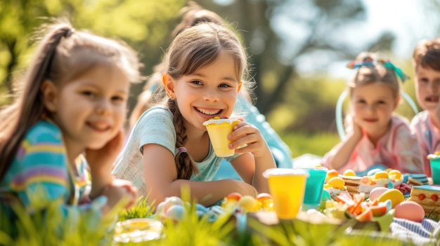 Children enjoying a picnic on the grass sharing food and smiles aige