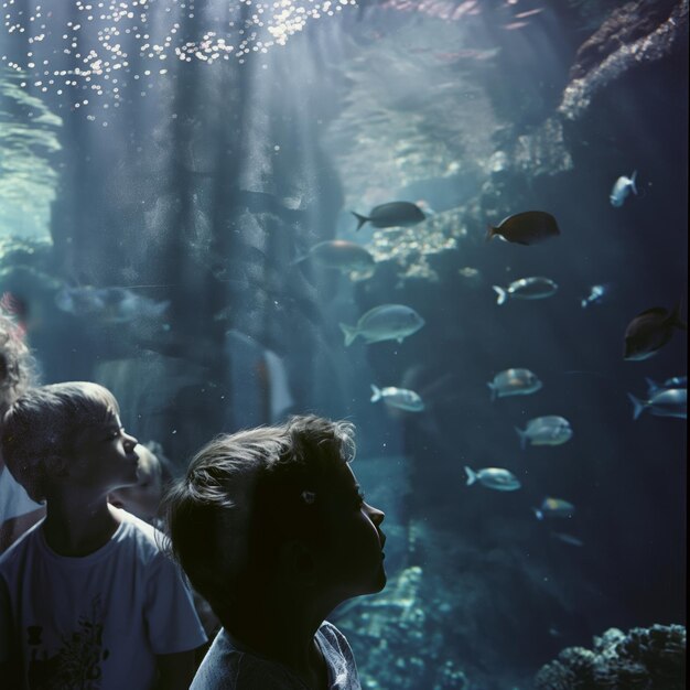 Photo children enjoying underwater marine life at a large aquarium exhibit