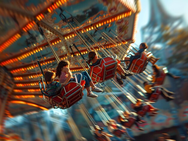 Photo children enjoying a vibrant swing ride at an amusement park during a sunny day filled