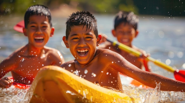 Children enjoying water activities at a summer camp lake