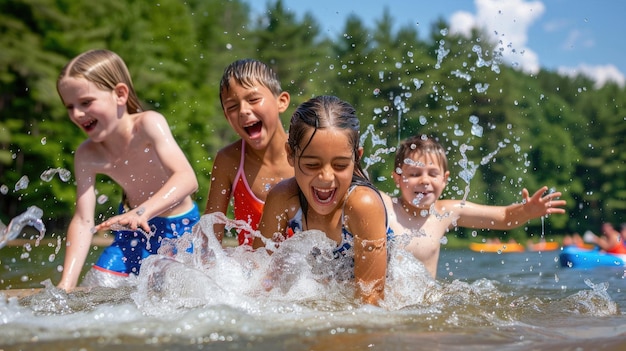 Children enjoying water activities at a summer camp lake