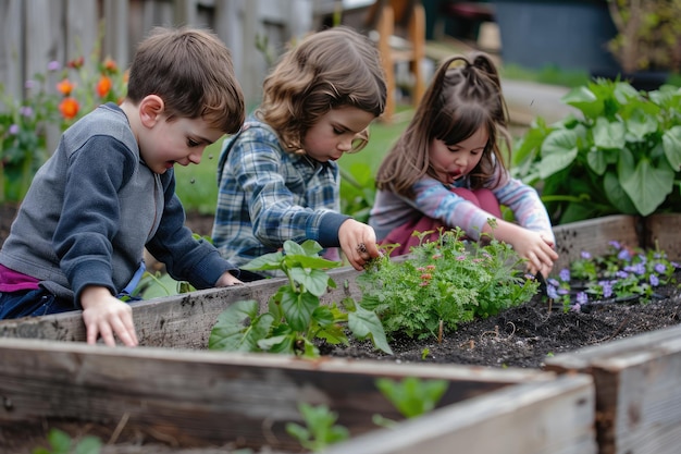 Children enthusiastically caring to their plants and flowers in a communal garden Generative Ai