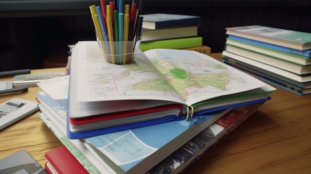 children examination desk with textbooks and stationery for student