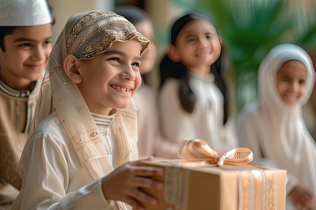 Children excitedly receiving gifts during Eid alAdha celebration in a warm home setting