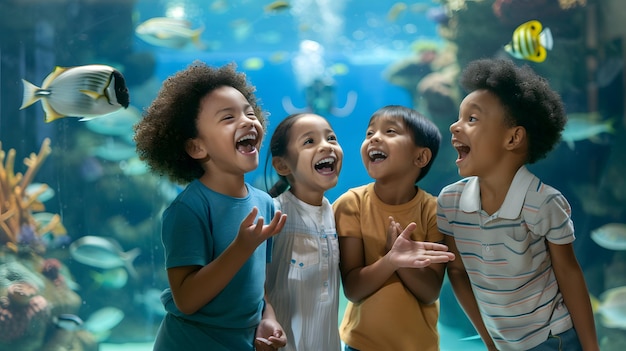 Photo children excitedly watching a diver feed fish inside a giant aquarium tank