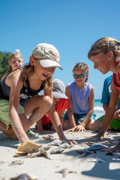 Photo children exploring sea creatures on beach wildlife tour educational summer activity for kids