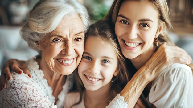 Photo children family and generations with a girl mother and grandmother together in their home