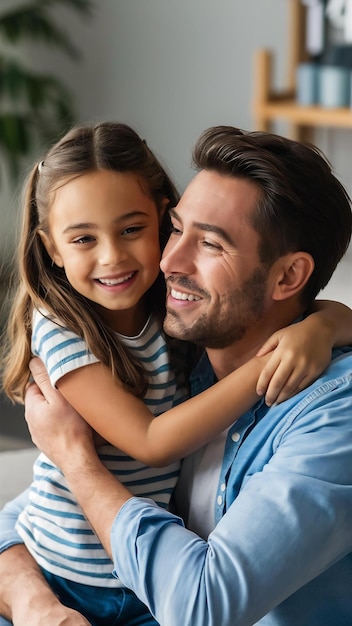 Children family and love with a girl and her father hugging embracing and bonding together in their