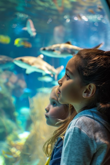 Photo children fascinated by diverse marine life at the aquarium educational experience for kids