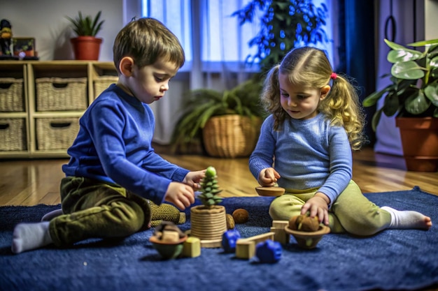 Photo children focus on playing with ecofriendly natural toys on the floor in a bright room