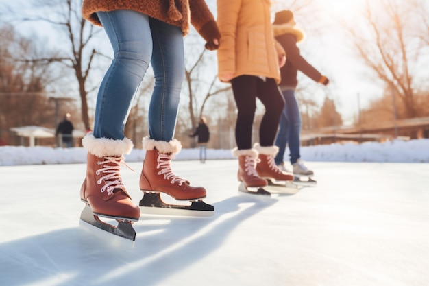 Children friends group skating on outdoor skating rink Legs in skates closeup