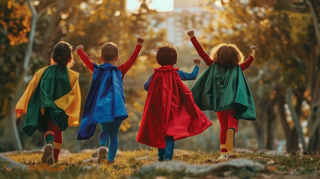 Photo children friends in superhero costumes play and have fun together children imagine like a strong