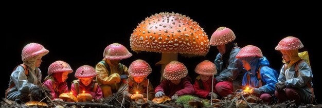 Photo children gather under a giant mushroom captivated by glowing fungi during a magical twilight