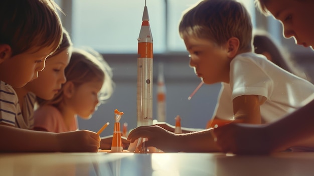 Photo children gathered around a table enthusiastically assembling a model rocket under soft sunlight invoking a sense of teamwork and curiosity