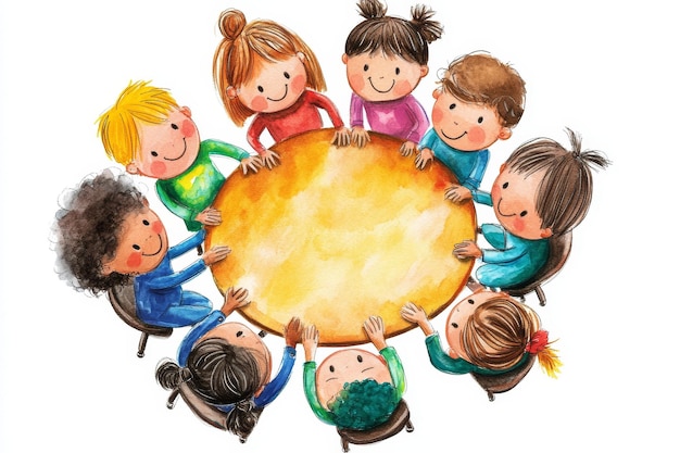 Photo children gathering around a table in watercolor