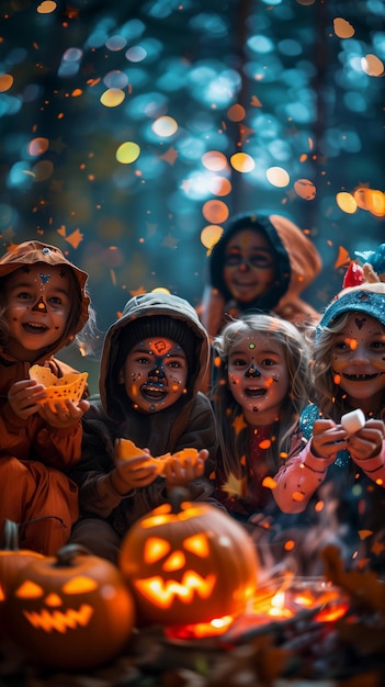 Children and girls around a bonfire in the Halloween forest with horror costumes