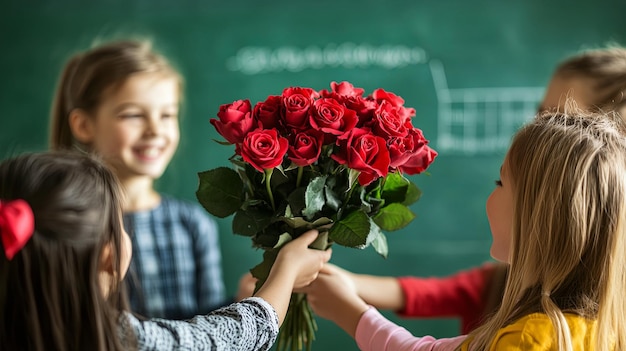 Children Giving Roses Schoolchildren handing a classic bouquet of roses to a happy teacher