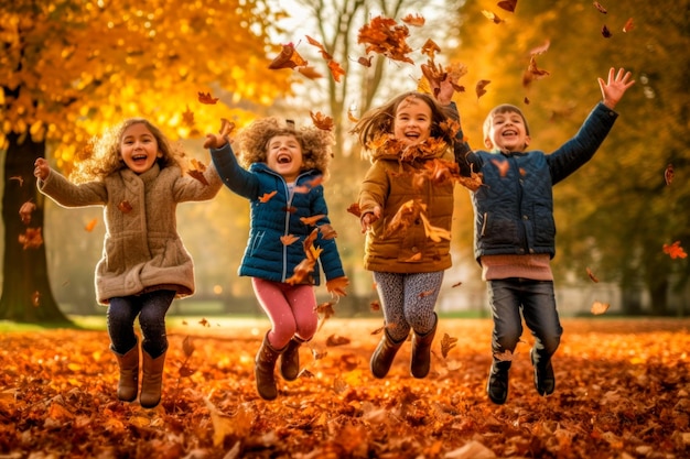 Children gleefully jumping into a pile of fallen leaves Created with generative AI technology