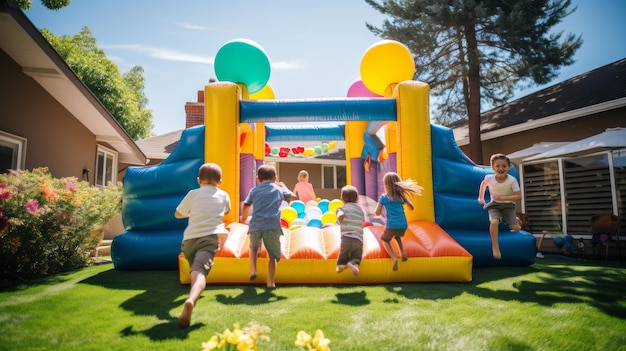 Children gleefully jumping and playing in a colorful bouncy house