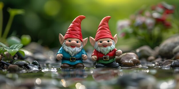 Photo children gnomes playing in a clear stream enjoying the water colorful cartoon isolated concept cartoon gnomes children39s activities outdoor play nature exploration water fun