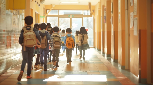 children go to school in the corridor to class Generated AI