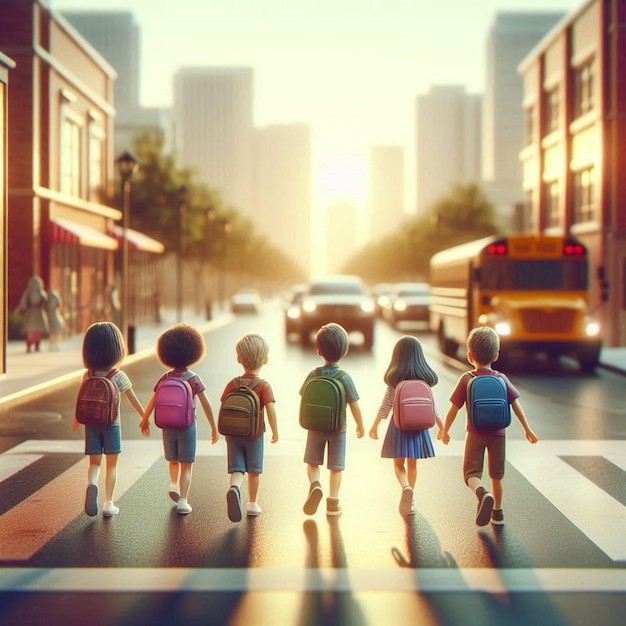 children going to school on way