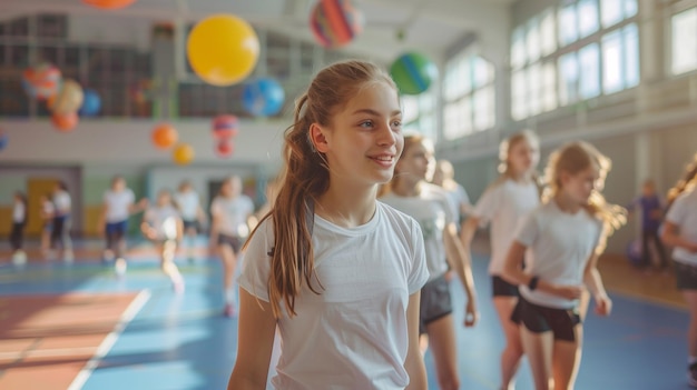 Photo children in the gym at a physical education lesson