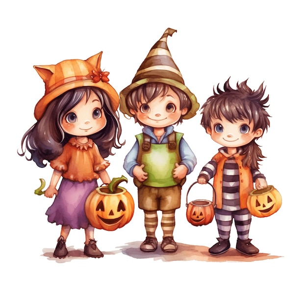 Children in Halloween costumes isolated on the background Watercolor Halloween illustration