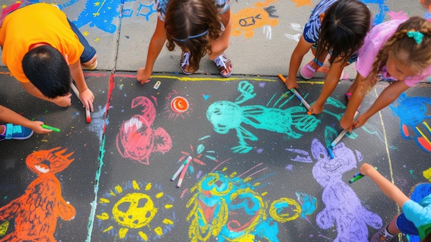 Children happily drawing with chalk during a fun recreational event AIG41