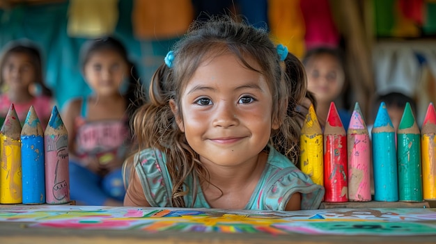 Children happily participating in arts and crafts at a community center creating colorful drawings and decorations for Childrens Day