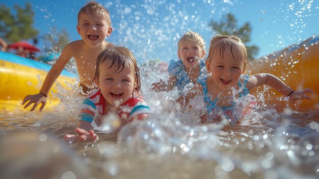 Children happily playing in water at the water park smiling and having fun