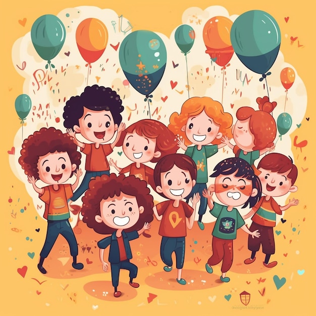 Children having fun on a colorful background with balloons.