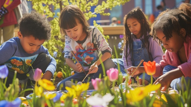 Children having fun in the meadow sharing and planting easter eggs in the grass aige